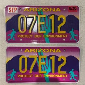 Vintage 1995 Arizona License Plate Set - Pink / Teal Specialty Plates